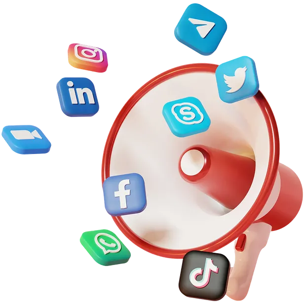 An image of a megaphone with social media logos coming out of it